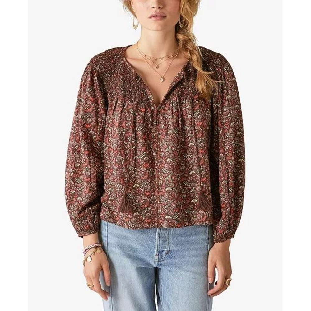 Lucky Brand Smocked Floral Print Long Sleeve Boho‎ Blouse Top Women Size L